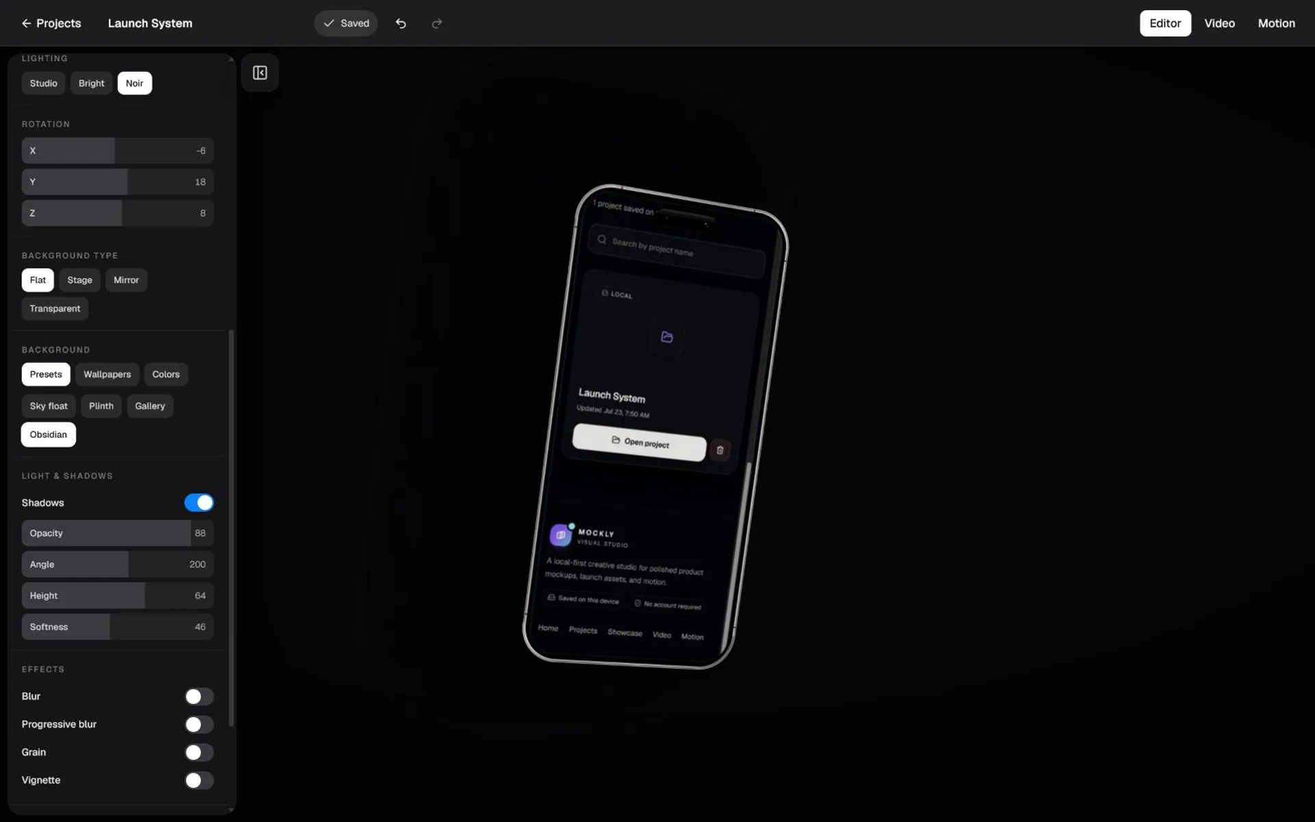 Mockship 3D editor with camera, lighting, material, and background controls