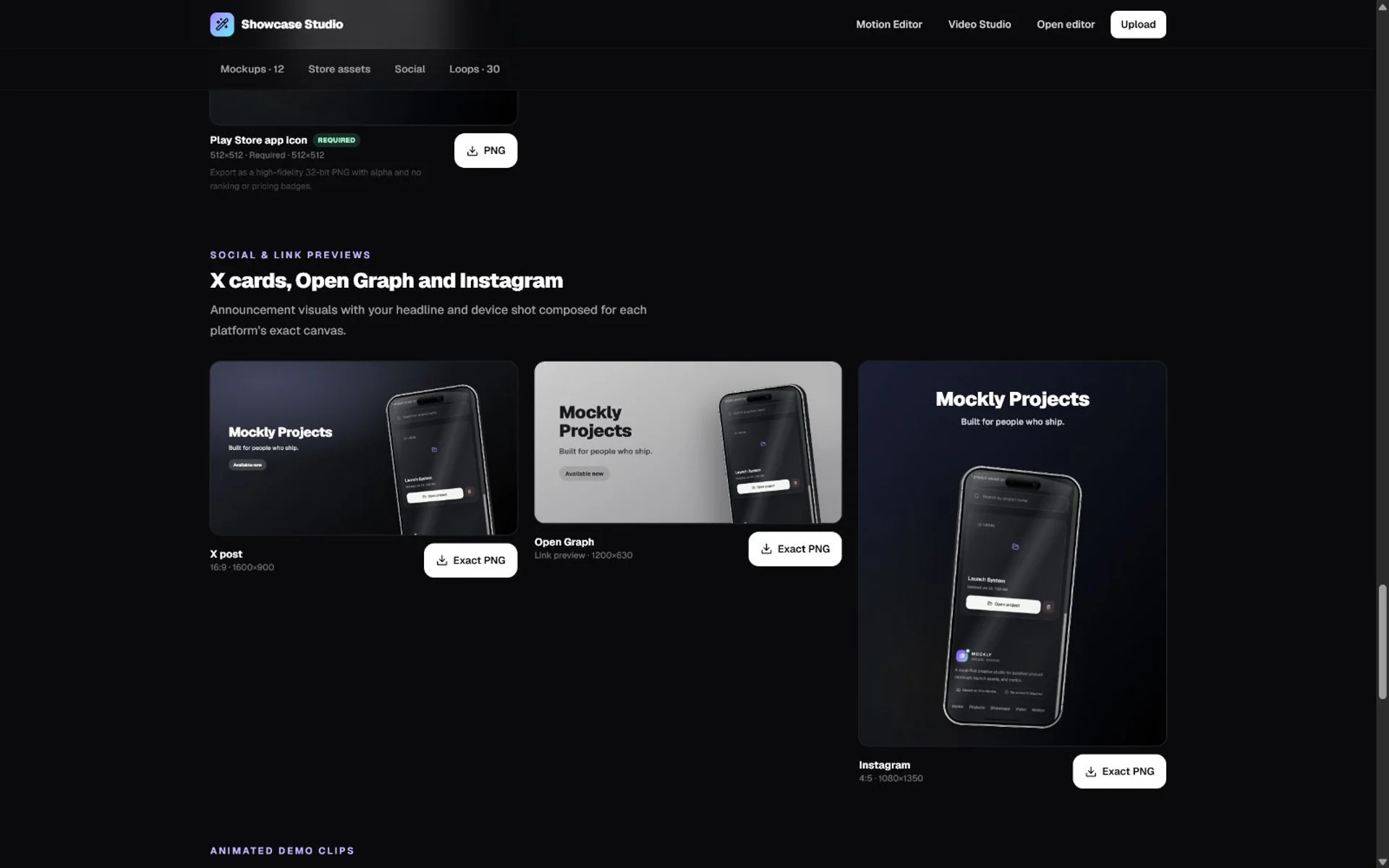 Mockship Showcase Studio displaying generated Google Play and social assets