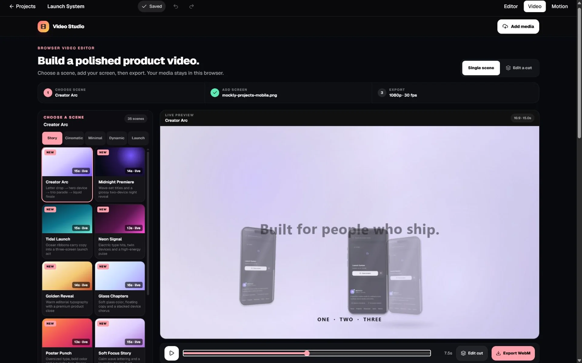 Mockship Video Studio with scene presets, live preview, timeline, and export controls