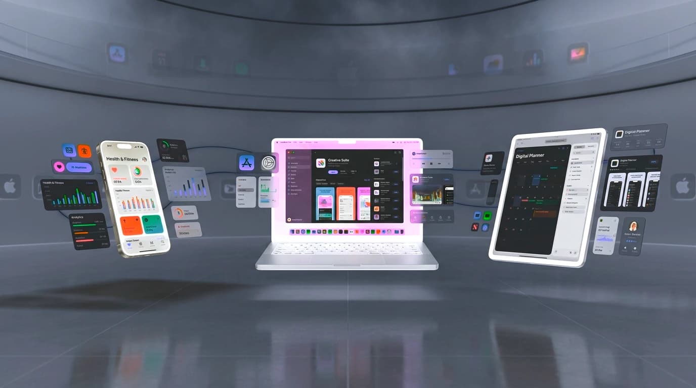 Mockship 3D Apple device mockup studio in dark mode with glowing app UI screens