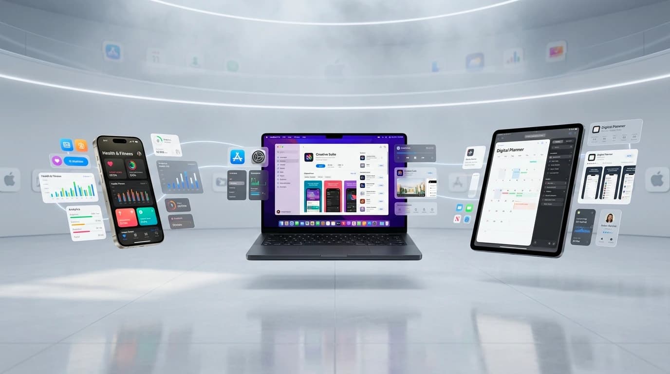 Mockship 3D Apple device mockup studio with floating iPhone 16 Pro, MacBook Pro, and iPad Pro with UI screens