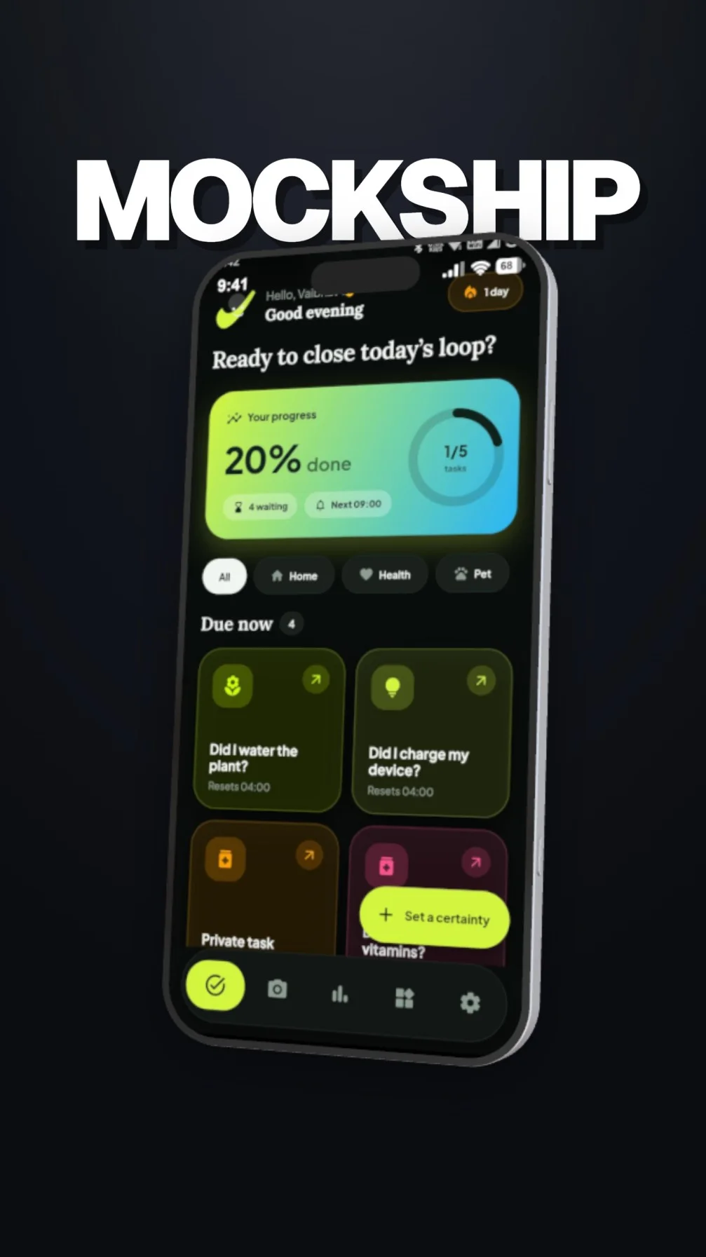 Close-up view of an app displayed inside a realistic 3D device frame