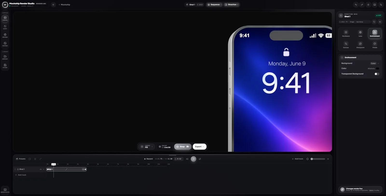 Mockship workspace with a device, screen preview, and editing controls
