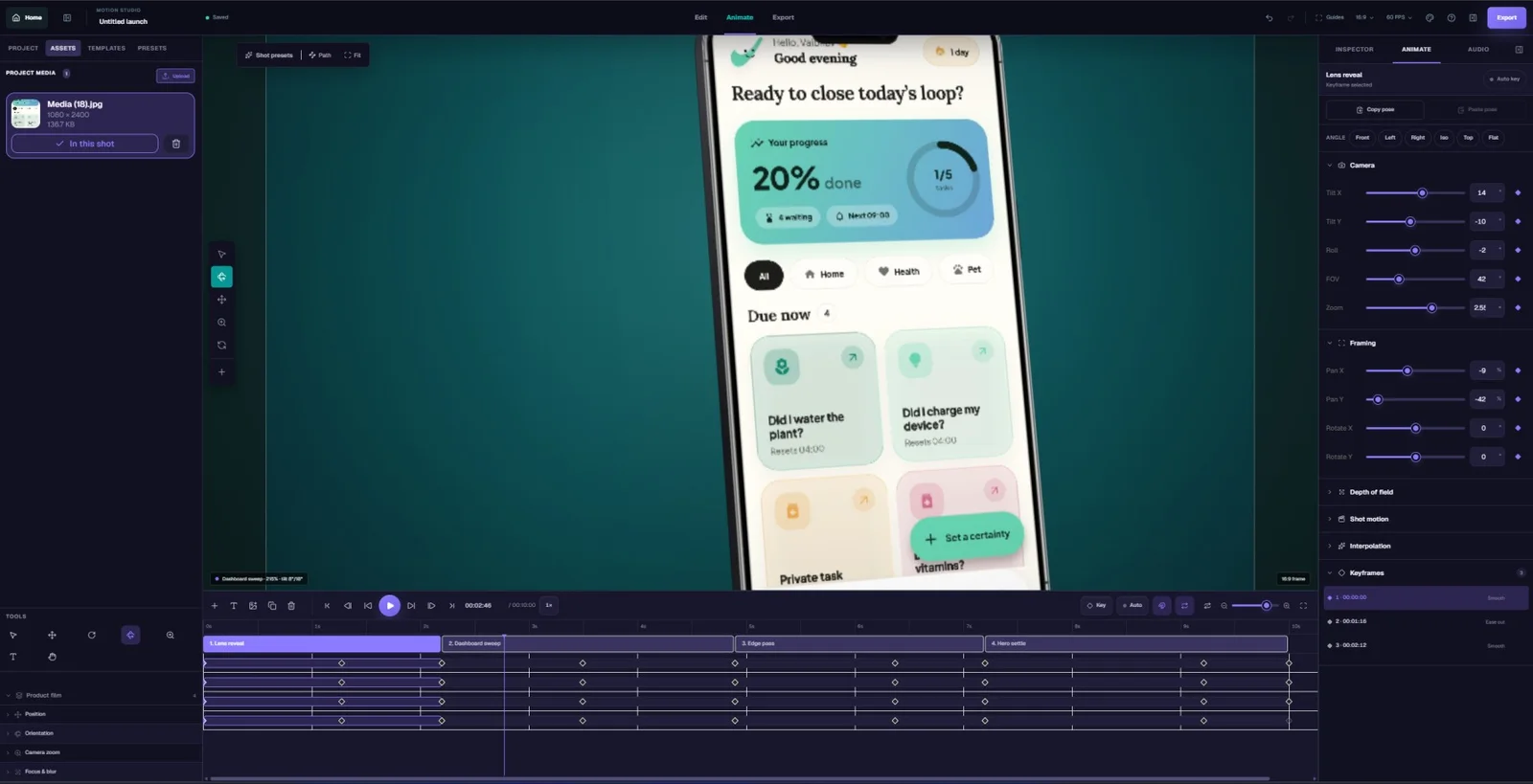 Motion workspace showing a product preview and animation timeline