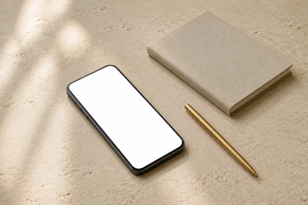 Phone mockup on a textured stone desk, an example website hero image