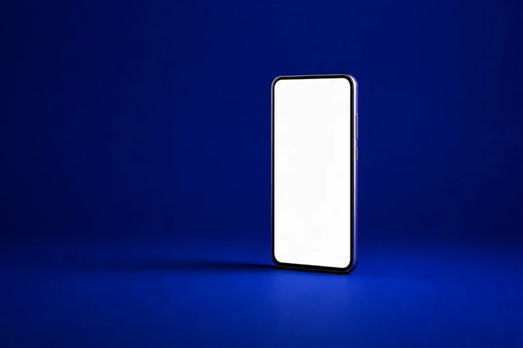 Minimal phone presentation against a blue studio background